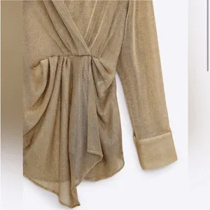 Zara NWT gold metallic knit ruched long sleeve blouse top semi sheer thumbnail 4