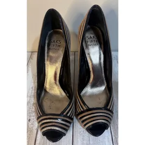 Saks Fifth Avenue Gold, Black, & Silver Peep Toe‎ Heels Size 6 thumbnail 4