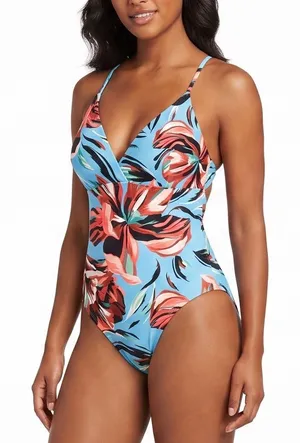 CALIA One Piece Swimsuit Womens 16 Floral Blue Lace Up Back Excellent thumbnail 1