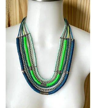 Vintage Blue and Green Multi Strand Necklace, Teal Bead Six Strand Necklace thumbnail 4