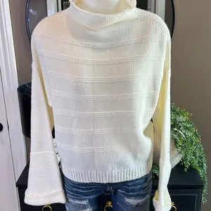 JESSICA SIMPSON Ivory Chunky Knit Funnel Neck Bell Sleeve Sweater L Minimalist thumbnail 3