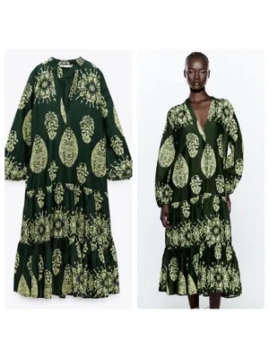 Zara Dark Green Midi Dress with Light Green Botanical Print thumbnail 2