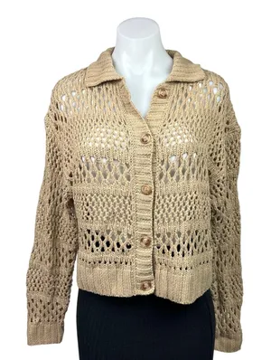 Gilli Beige Collared Button Down Crochet Knit Boho Cardigan Sweater Top Size S Brown thumbnail 1