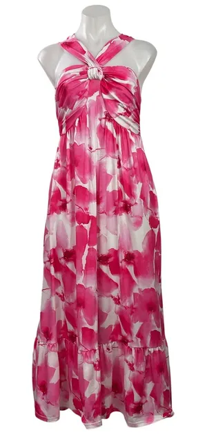 Grace Karin Pink Floral Cross Strap Sleeveless Summer Pleated ALine Maxi Dress S thumbnail 1