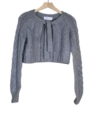Design History Women's L Pure Cashmere Gray Cable-Knit Cropped Cardigan thumbnail 1