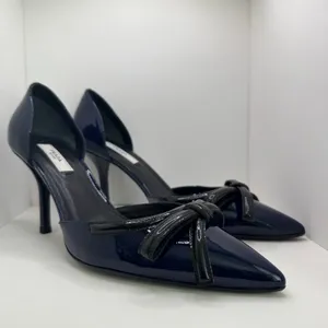 Prada Vintage 2000s Navy Patent Leather Bow D’Orsay Heels Italy 38 New with Box thumbnail 5