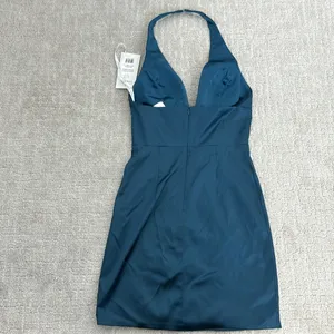 NEW NWT Sherri Hill 51420 Halter Plunge Satin mini dress hoco cocktail teal thumbnail 6