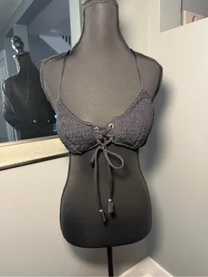 Victoria's Secret smocked bikini top lace-up front gold detail medium thumbnail 2