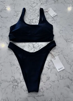 NWT Quince Black Italian Tank Bikini Top & High Leg Bottom Set Size Medium thumbnail 1
