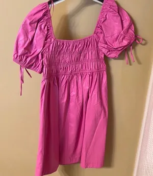 TCEC Pink Solid Smocked Square Neck Puff Sleeve Ruffle Mini Dress L thumbnail 1