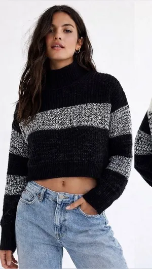 Free People Sunbrite Mock Neck Cropped Sweater Black Ivory Size XS thumbnail 1