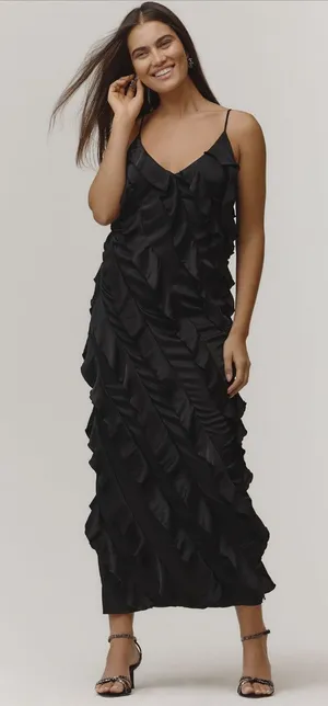 Anthropologie NWT Black‎ Bias Cut Ruffled Satin Midi Dress Size Medium thumbnail 1