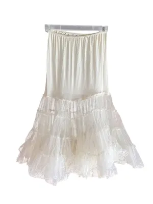 Vintage White Tiered Lace Skirt With Elastic Waist Tulle Layers And Flowy Design thumbnail 1