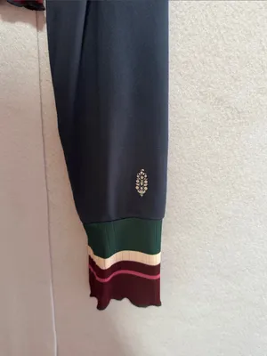 Free People Navy Cropped Long-Sleeve Top Open Back with Green and Burgundy Trim thumbnail 4