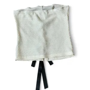 Textured Cream Coquette Strapless Tube Top with Black‎ Satin Ribbon Back Ties thumbnail 2