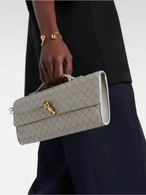 Woven Leather Top-Handle Clutch in Light Gray thumbnail 2