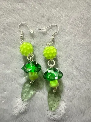 Handmade Green Glass Mushroom Leaf Drop Earrings thumbnail 2