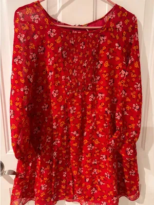 Free People‎ Red Floral Smocked 3/4 Sleeve Boho Smock Top Sz 10 thumbnail 1