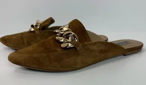 Steve Madden Finn Chain Pointed Toe Chestnut Suede Mules Gold Chain Size 8.5 thumbnail 5