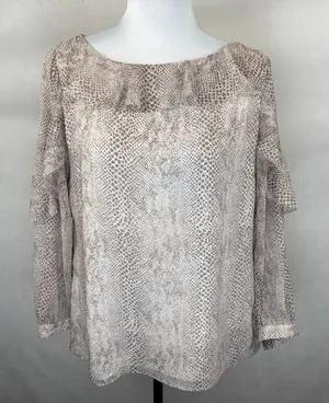 Banana Republic Women Sz S Tan Snake Skin Print Long Sleeve Ruffle Boat Neck thumbnail 1