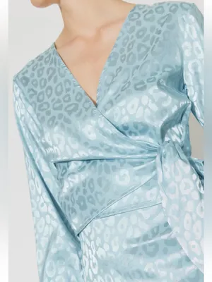 NWT ASOS DESIGN Blue Satin Jacquard Wrap Crop Top Long Sleeve V-Neck Sz S thumbnail 1