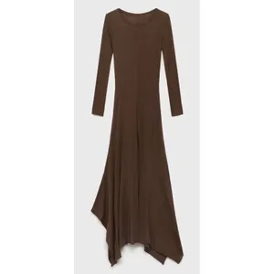 MANGO Asymmetrical Low-Knit‎ Dress Caramel Brown Long Sleeve Maxi XL thumbnail 4