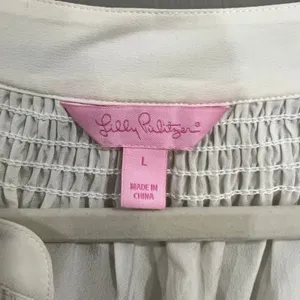 Lilly Pulitzer Blouse Women Large White Great Silk Smocked V-Neck Button Top thumbnail 2