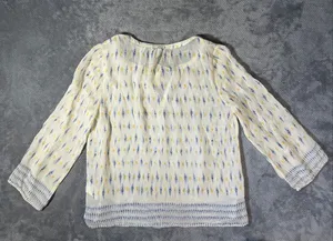 Joie Medium 100% Silk Ikat Tassel Tie Boho Peasant Blouse Ivory Blue Sheer Work thumbnail 6