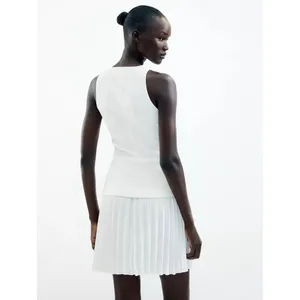 Zara Dress Women XL White Old Money‎ Pleated Mini Skirt V-Neck Waistcoat Vest thumbnail 2