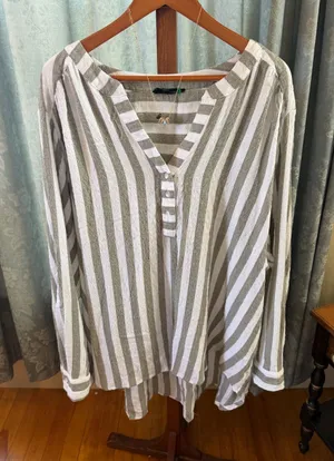 Women’s Striped Button Henley Shirt - White and Olive thumbnail 1