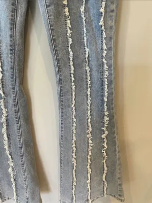 Women’s Light Blue Frayed Stripe Flared Jeans thumbnail 3