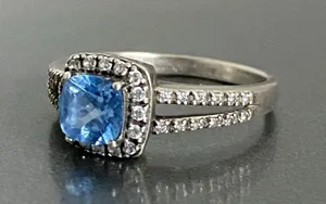 925 Sterling Silver Simulated London Blue Topaz Engagement Ring Signed AC TM thumbnail 8