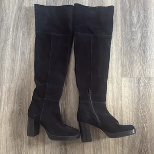 Free People Black Tall Boots Size 8 Leather Platform Square Toe Heeled thumbnail 4
