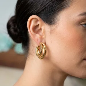 14 Gold Plated XP Womens Triple Layer Chunky Hoop Earrings‎ thumbnail 1