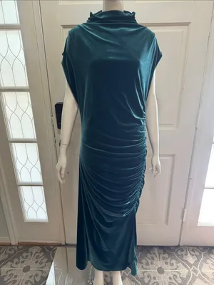 ANTHROPOLOGIE The Maya Stretch Velvet Cowl-Neck Em Teal Velvet Ruched Dress S XL thumbnail 5