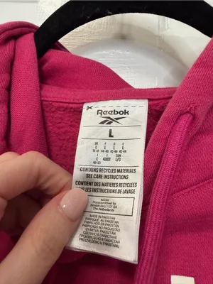 Reebok Pink White Graphic Hoodie Logo Pullover Sweatshirt‎ Size Large thumbnail 3