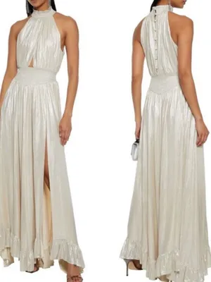 NWT RETROFETE Carly Silver High Neck Maxi Formal Gown Dress thumbnail 2