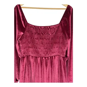 LC Lauren Conrad Velvet Mini‎ Dress Large Wine Red Smocked Ruffle Long Sleeve thumbnail 3