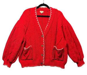 POL Red Cable Knit Cardigan M Oversized Chunky Button Front Boho‎ Sweater thumbnail 1