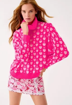 LILLY PULITZER Liggy Sweater Passion Fruit Pink Valentine‎ Heart Jacquard Small thumbnail 1