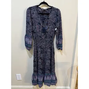 FRYE & Co. Women's Boho Paisley Tassel Tie Maxi Dress Long Sleeve Size XS thumbnail 2