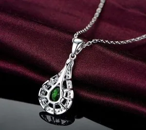 18K White Gold Plated Green Gemstone Emerald Pendant Necklace for Women thumbnail 3
