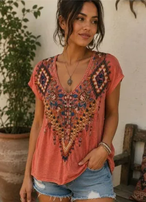 Johnny Was Embroidered Terracotta Cap Sleeve V-Neck Tee Shirt Top S thumbnail 1