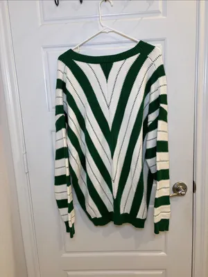PrettyGarden XXL Green Cream Striped Oversized V Neck Sweater thumbnail 3