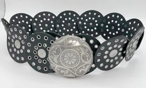 Womens Statement Belt Black Round‎ Circle Studded Belt Ornate Silver Buckle Y2K thumbnail 1