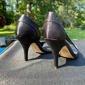✨🖤 Lady Couture Size 39 / 8.5 Black Satin D’Orsay “Sharp” Rhinestone Crystal Heels 🖤✨ thumbnail 11