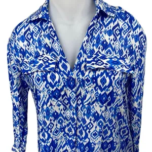 Women's Blue White Long Sleeve Abstract Argyle Button Up Maxi Shirt Dress Size L thumbnail 3