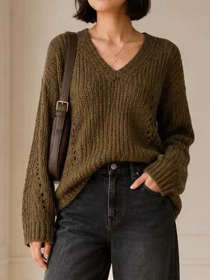 John + Jenn Constance Sweater M Olive Green V Neck Open Knit Oversized Revolve thumbnail 1