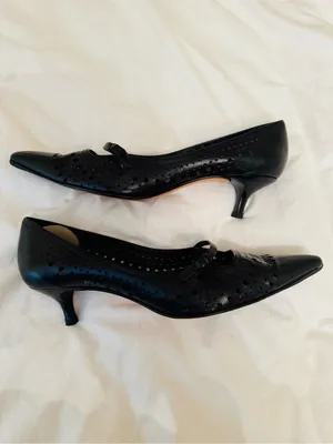 Cole Haan black leather perforated kitten heels with strap. Pointed toe. Size 8. thumbnail 2