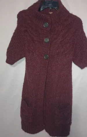 Free People XS Wine Berry Puff Sleeve Big Knit Cardigan Sweater thumbnail 1